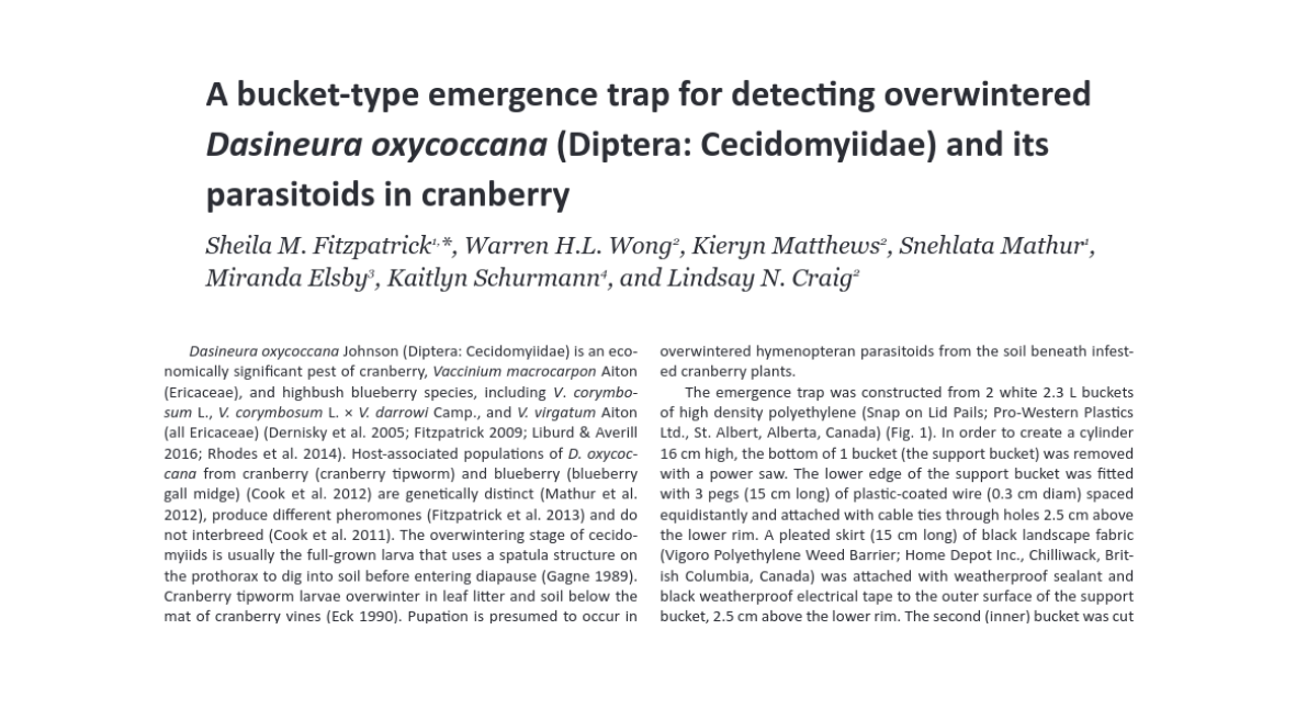 Title page of a paper titled A bucket-type emergence trap for detecting overwintered Dasineura oxycoccana and its parasitoids in cranberry.