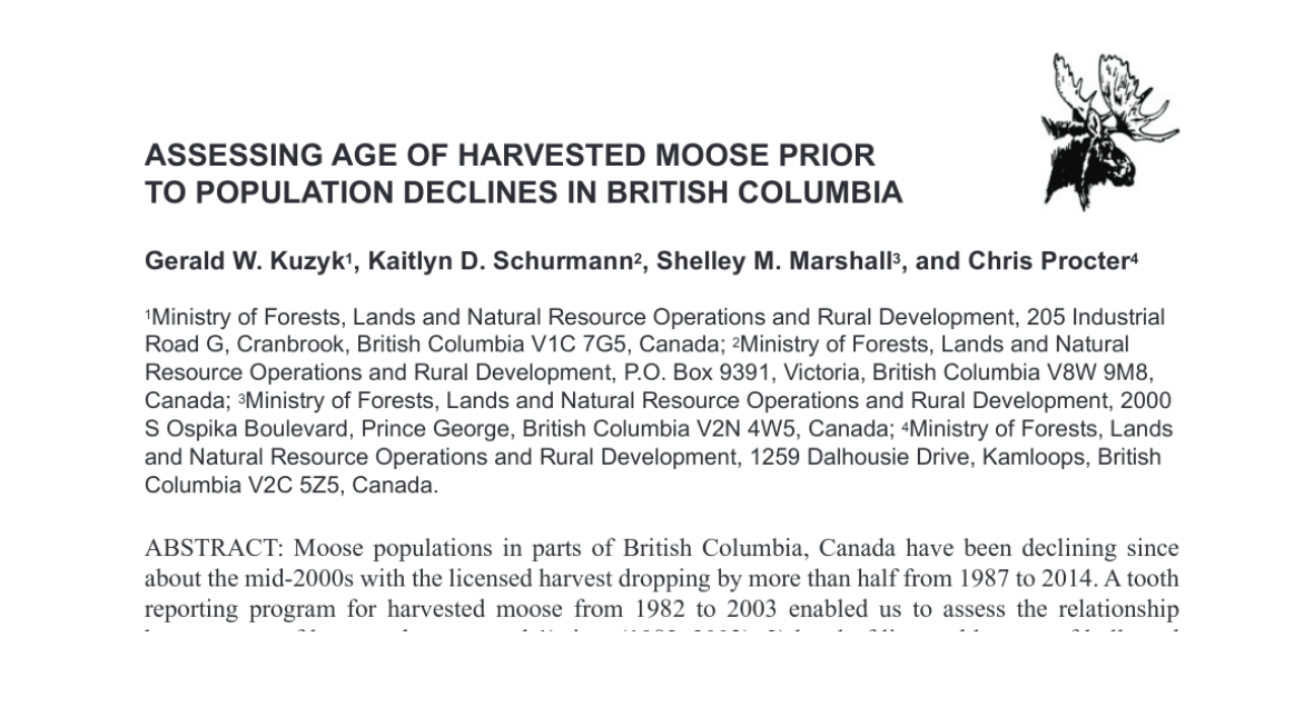 Title page for a paper titled Assessing age of harvested moose prior to population declines in British Columbia.